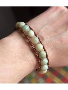 Chan Luu Style Leather Wrap Bracelet Green Stone Beads Boho Double Wrap
